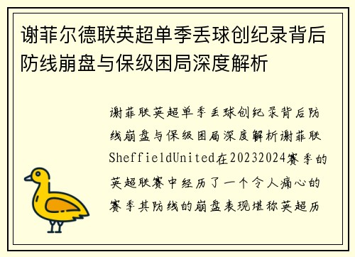 谢菲尔德联英超单季丢球创纪录背后防线崩盘与保级困局深度解析 谢菲尔德联英超单季丢球创纪录背后防线崩盘与保级困局深度解析