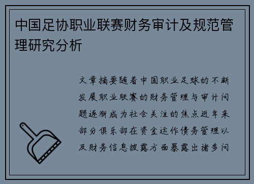 中国足协职业联赛财务审计及规范管理研究分析
