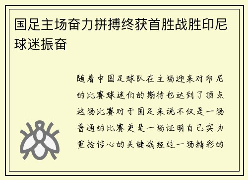 国足主场奋力拼搏终获首胜战胜印尼球迷振奋