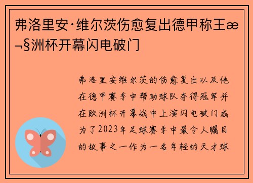 弗洛里安·维尔茨伤愈复出德甲称王欧洲杯开幕闪电破门 弗洛里安·维尔茨伤愈复出德甲称王欧洲杯开幕闪电破门